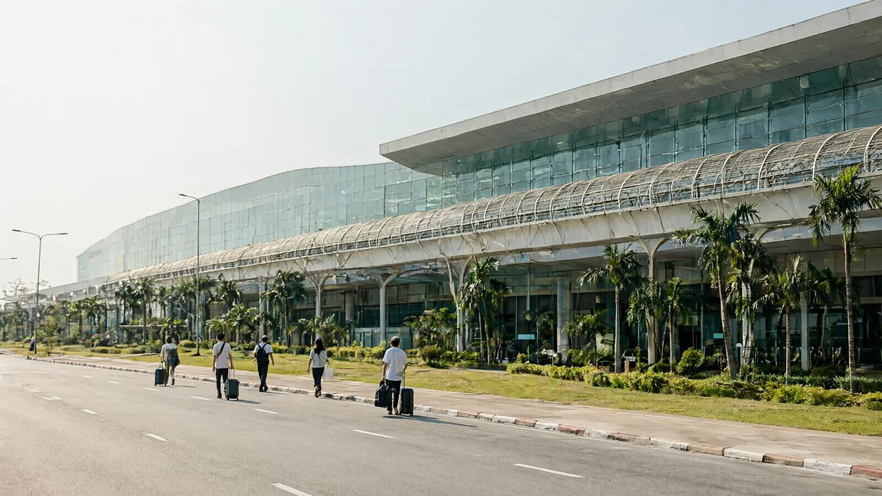 수완나품공항 도착장에서 공항철도 표지판을 따라가는 가족